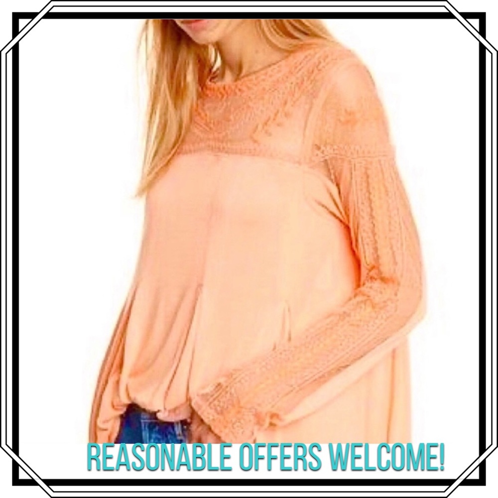 Free People Embroidered Lace Top Peach Orange Jojo Mixed Media Size M